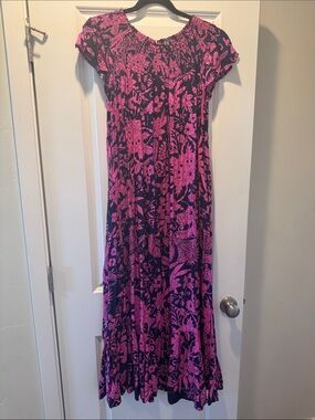 Anthropologie Black and Hot Pink Floral Maxi Dress